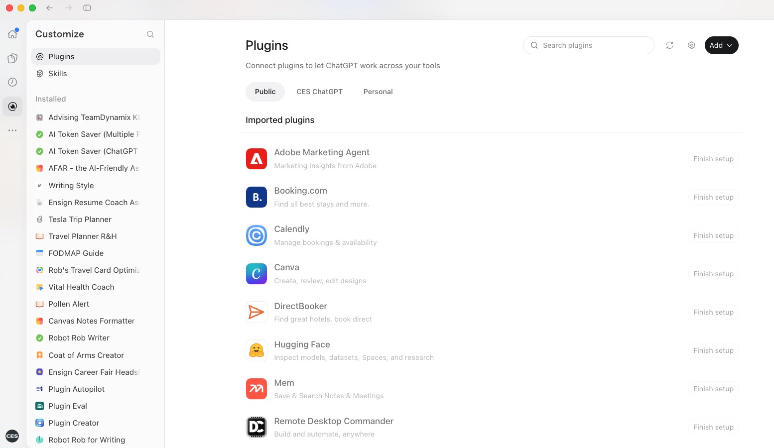 ChatGPT Customize screen with Plugins selected, Public selected, a Search plugins field, and CES ChatGPT and Personal tabs.